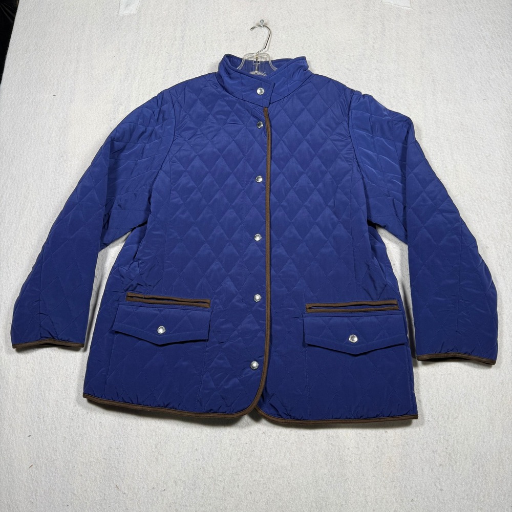 Relativity Womens Blue Quilted Barn Jacket Plaid Lined Brown Trim 1X